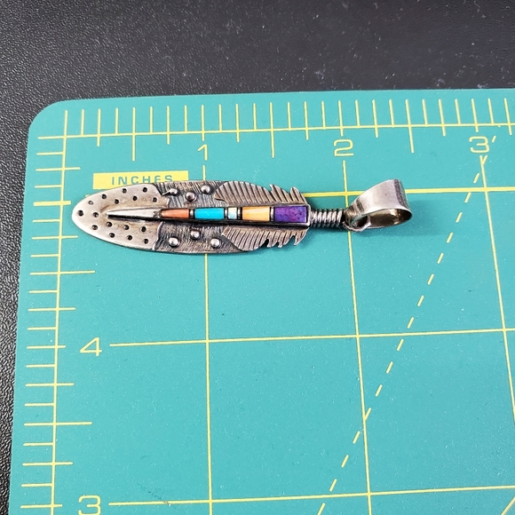 Sterling Silver 925 Turquoise Native American Style Feather Pendant - Picture 3 of 6